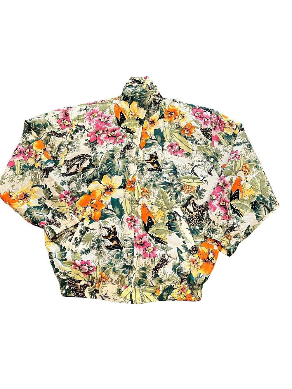 Atlantic Beach 100% silk floral and cheetah zip bomber jacket